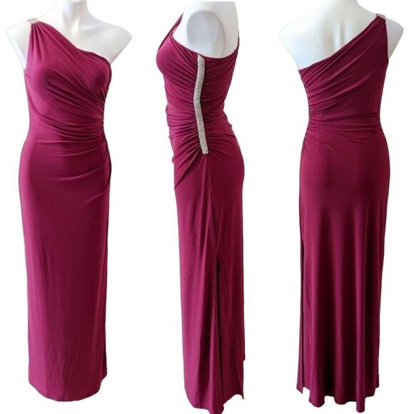Vintage Ralph Lauren Gown 6 Pink Rhinestone One Shoulder Side Ruched Slit Sexy - Picture 1 of 16